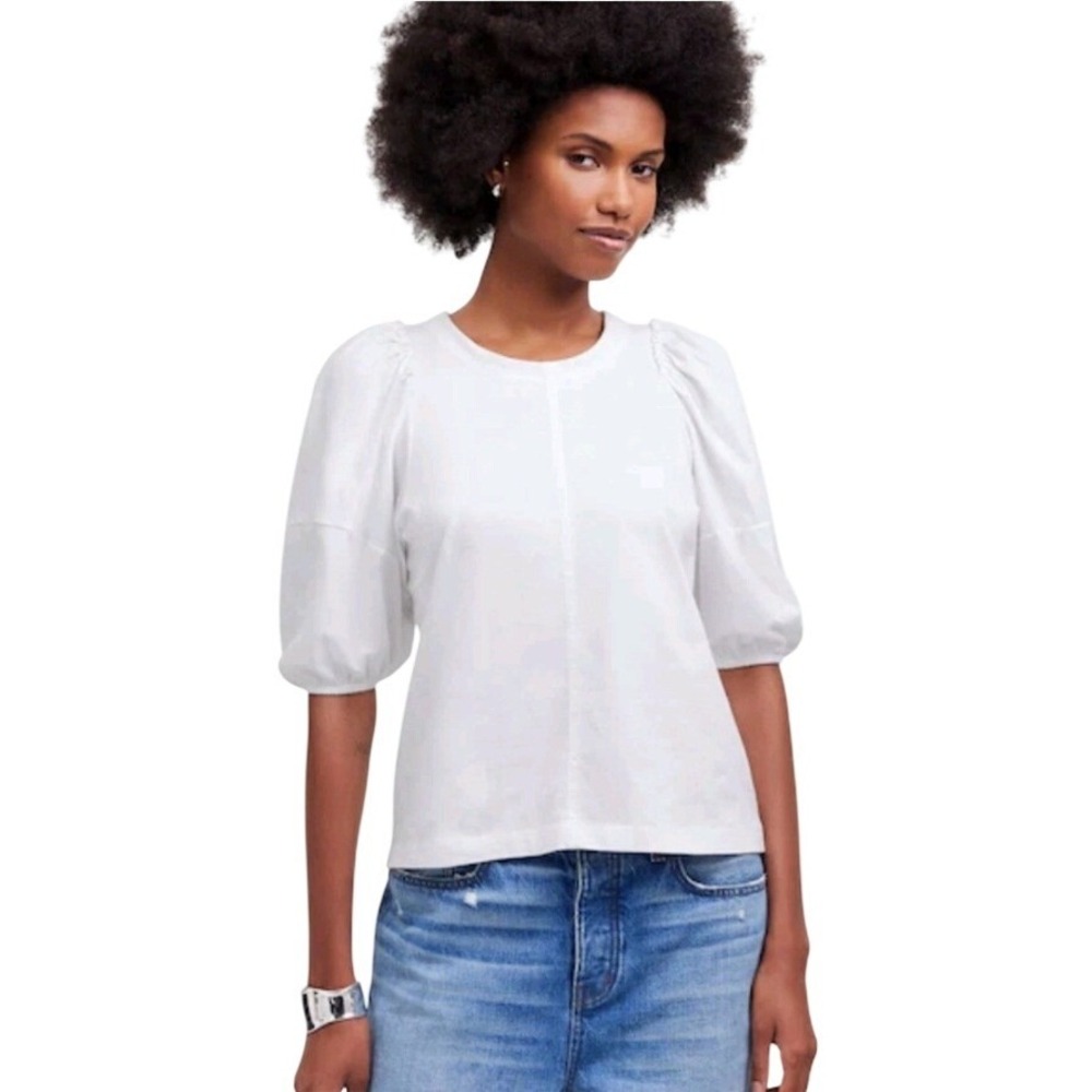 Madewell White Puff Sleeve Ribbed Tee Shirt NT331 XXS NWT $48